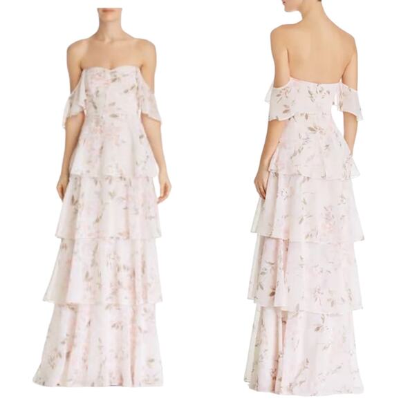 NEW WAYF Size M Abby Off-the-Shoulder Maxi Tiered Dress In Blush Bouquet - Picture 1 of 15